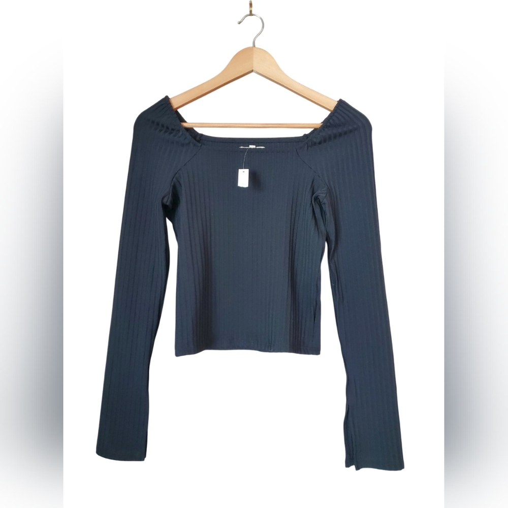 MADEWELL Whisper Ribbed Square-Neck Long-Sleeve Flare Small Black New Cropped